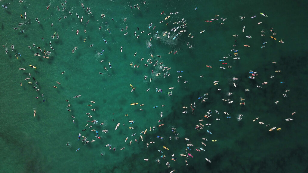 Viele Surfer paddeln auf dem Wasser und werden von oben fotografiert.