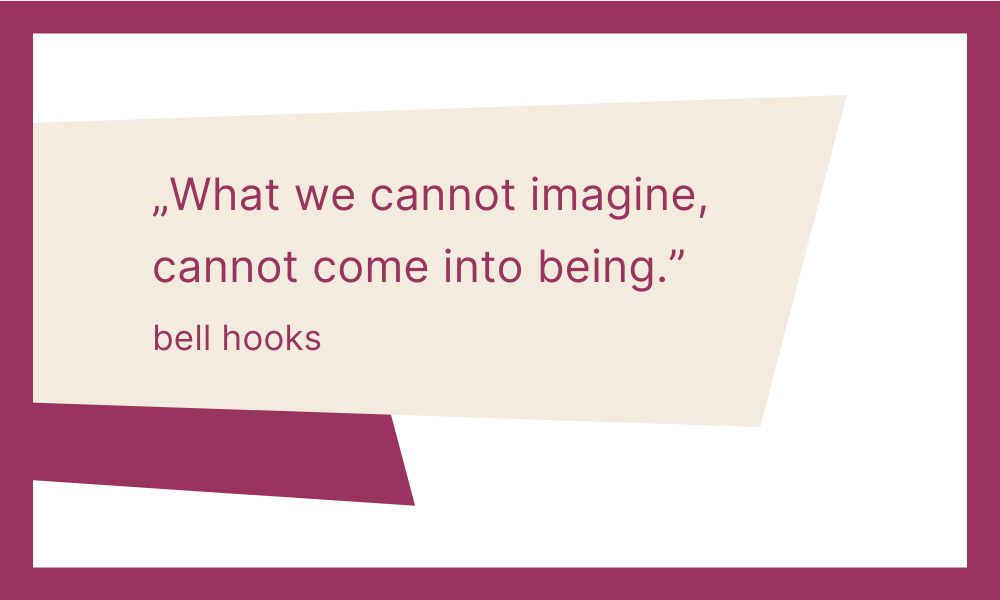 Grafik mit dem Zitat von Bell Hooks: What we cannot imagine, cannot come into being