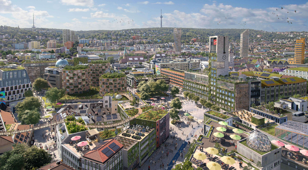 Impact durch nachhaltiges Bauen: So könnte Suttgart rund um dem Marktplatz 2045 aussehen – Illustration
