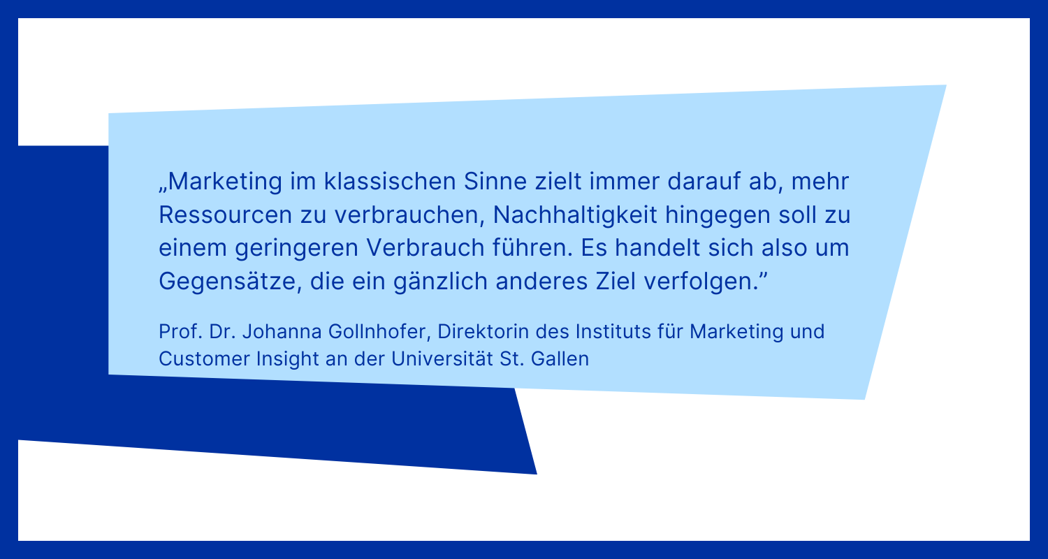 Zitat von Johanna Gollnhofer: „Marketing im klassischen Sinne zielt immer darauf ab, mehr Ressourcen zu verbrauchen, Nachhaltigkeit hingegen soll zu einem geringeren Verbrauch führen. Es handelt sich also um Gegensätze, die ein gänzlich anderes Ziel verfolgen."